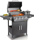 Gas Grill with 4 Burners and Side Burner — Freestanding Grill Cart with Wheels — Ideal for Outdoor Garden Cooking and BBQ