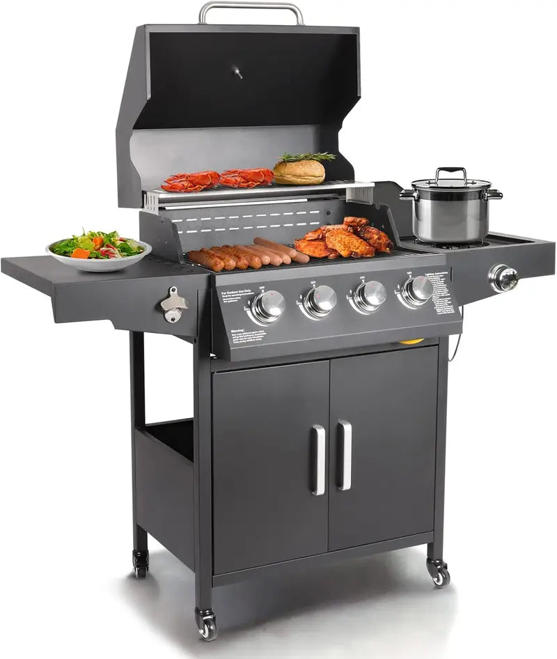 Gas Grill with 4 Burners and Side Burner — Freestanding Grill Cart with Wheels — Ideal for Outdoor Garden Cooking and BBQ
