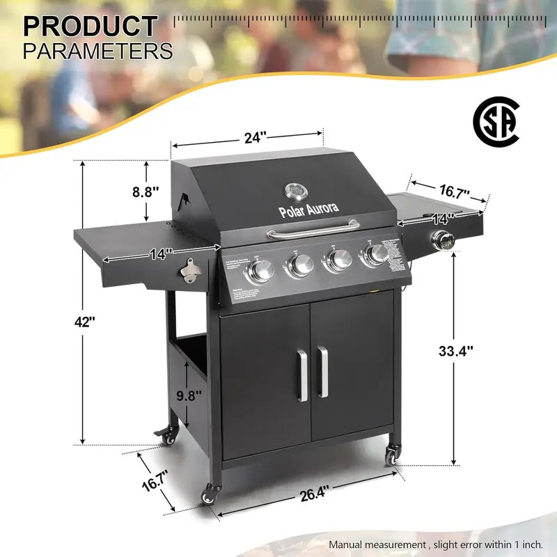 Gas Grill with 4 Burners and Side Burner — Freestanding Grill Cart with Wheels — Ideal for Outdoor Garden Cooking and BBQ