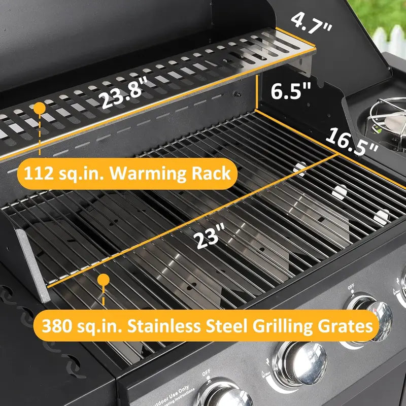 Gas Grill with 4 Burners and Side Burner — Freestanding Grill Cart with Wheels — Ideal for Outdoor Garden Cooking and BBQ