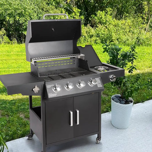 Gas Grill with 4 Burners and Side Burner — Freestanding Grill Cart with Wheels — Ideal for Outdoor Garden Cooking and BBQ